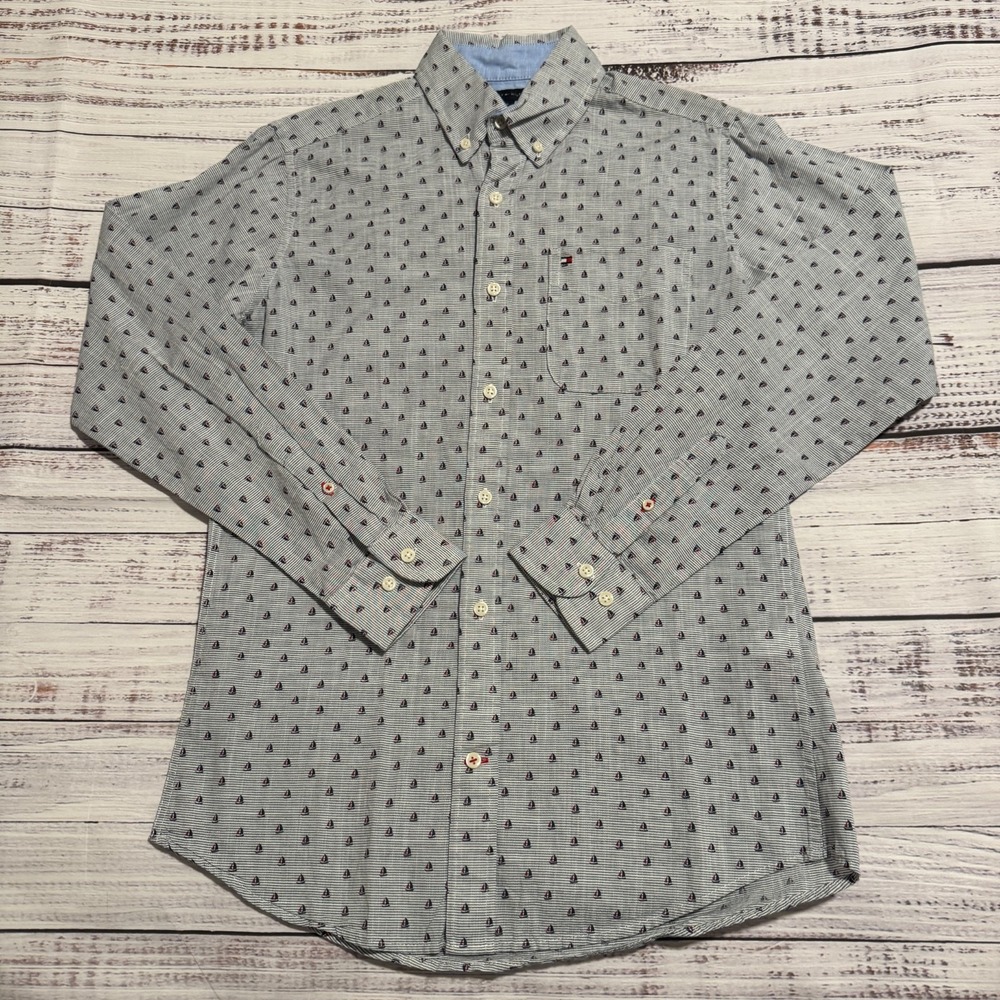Tommy Hilfiger Nautical Sailboat Print Long Sleeve Button Down Shirt Men's Small